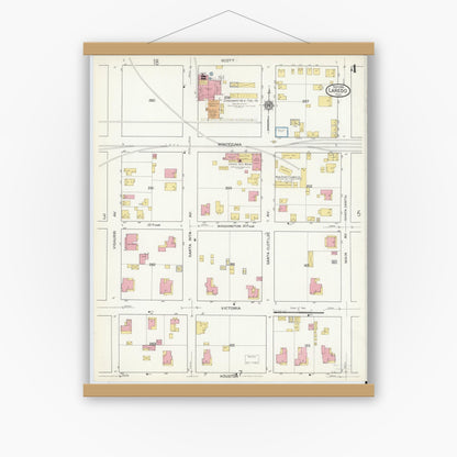 Old map wall art mockup — magnetic wood frame on white wall — Sanborn Fire Insurance Map from Laredo, Webb County, Texas (1916), Sheet #0004