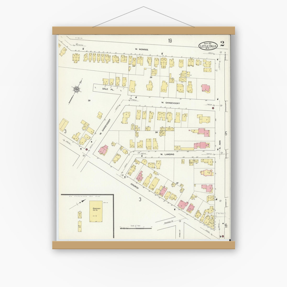 Old map wall art mockup — magnetic wood frame on white wall — Sanborn Fire Insurance Map from Little Falls, Herkimer County, New York (1911) - Complete Map Set