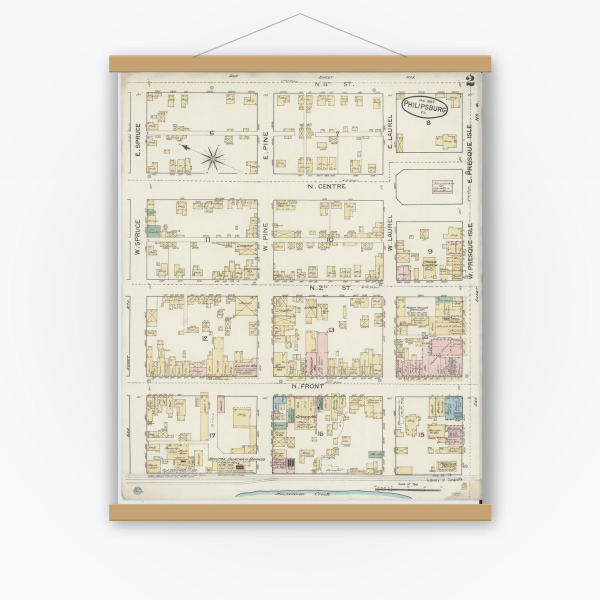 Old map wall art mockup — magnetic wood frame on white wall — Sanborn Fire Insurance Map from Philipsburg, Centre County, Pennsylvania (1887), Sheet #0002