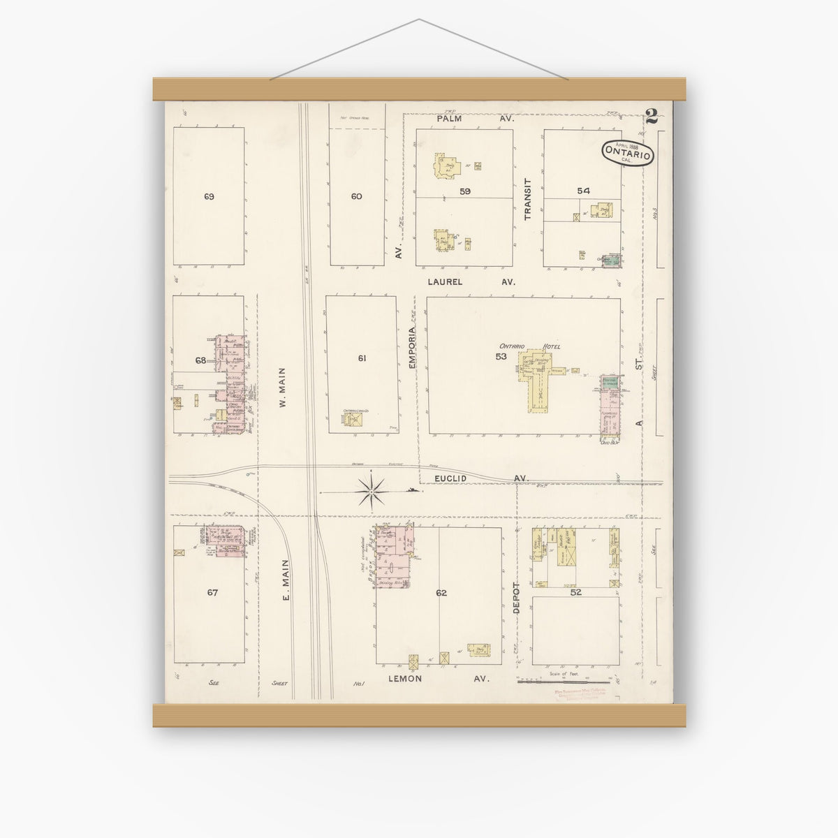 Old map wall art mockup — magnetic wood frame on white wall — Sanborn Fire Insurance Map from Ontario, San Bernardino County, California (1888), Sheet #0002