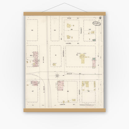 Old map wall art mockup — magnetic wood frame on white wall — Sanborn Fire Insurance Map from Ontario, San Bernardino County, California (1888), Sheet #0002