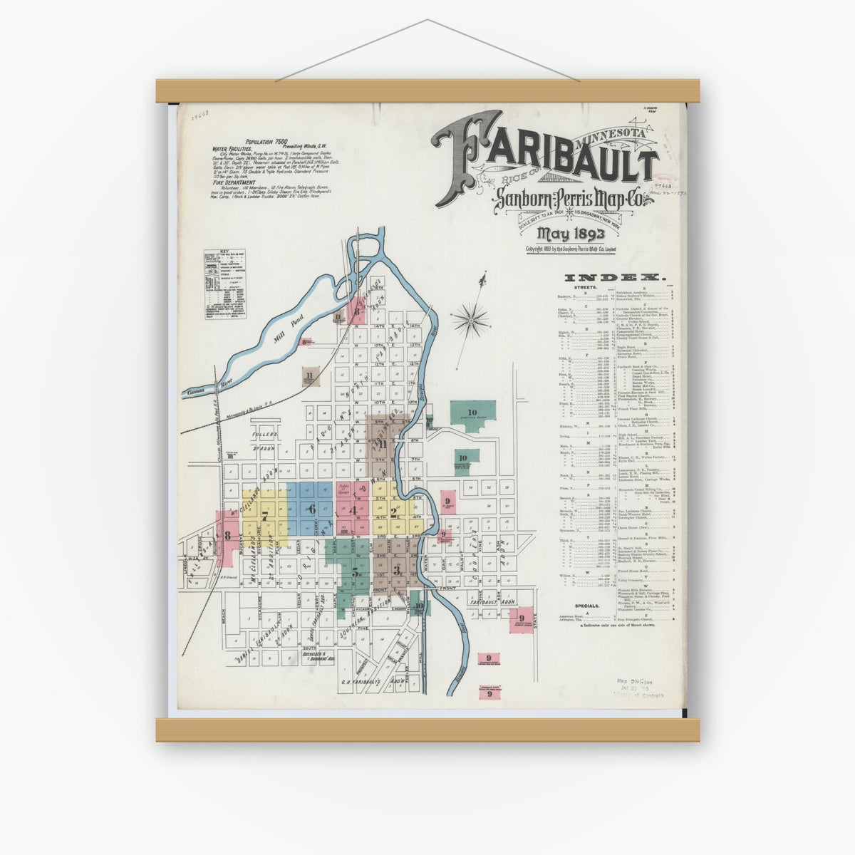 Old map wall art mockup — magnetic wood frame on white wall — Sanborn Fire Insurance Map from Faribault, Rice County, Minnesota (1893), Sheet #0001