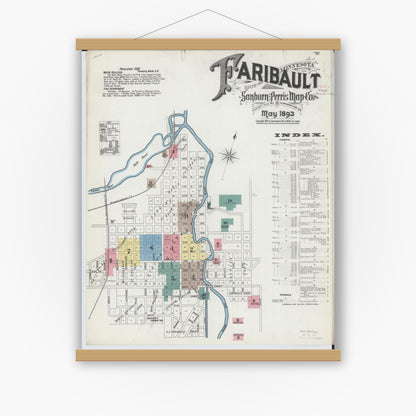 Old map wall art mockup — magnetic wood frame on white wall — Sanborn Fire Insurance Map from Faribault, Rice County, Minnesota (1893), Sheet #0001