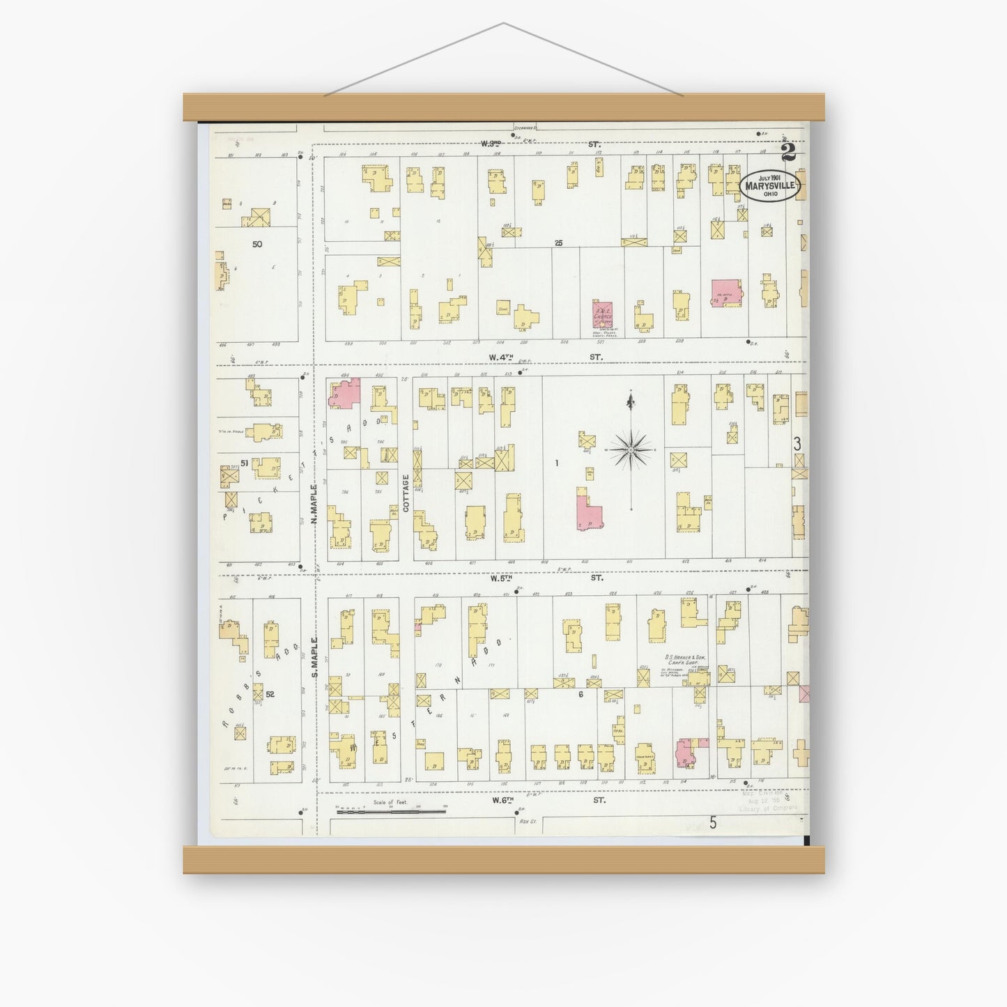 Old map wall art mockup — magnetic wood frame on white wall — Sanborn Fire Insurance Map from Marysville, Union County, Ohio (1901), Sheet #0002