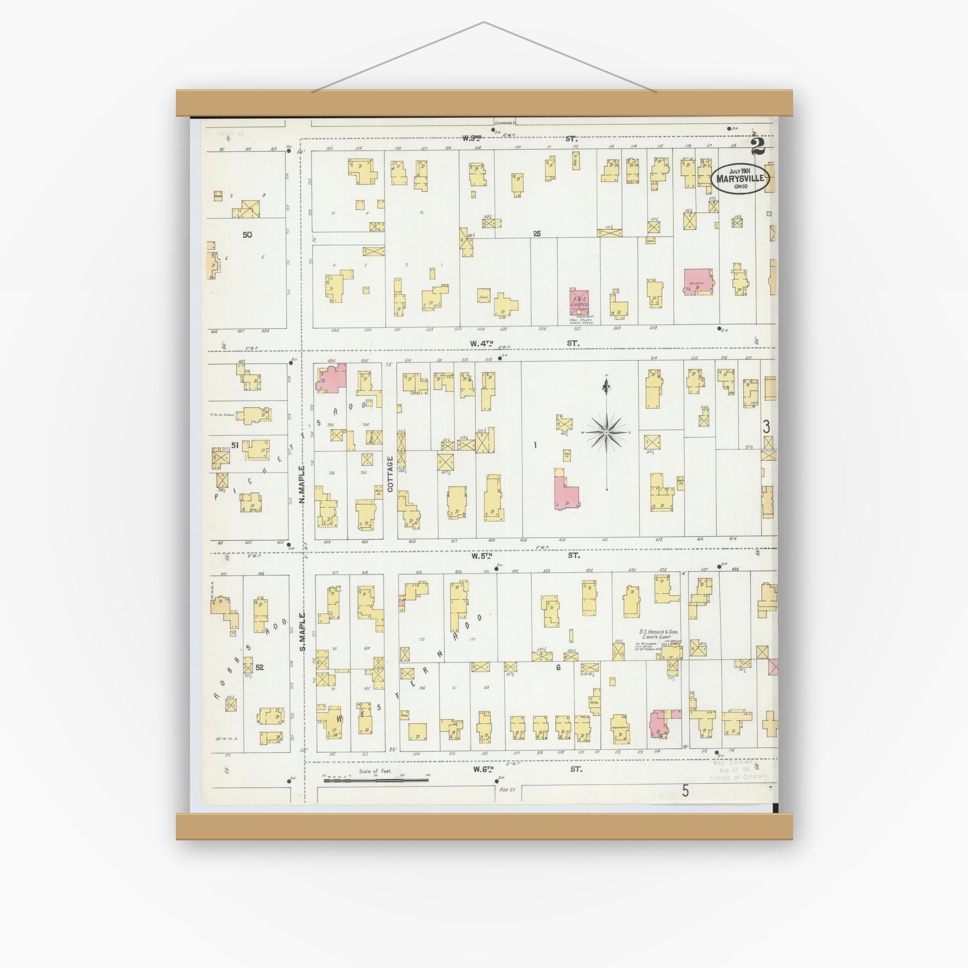 Old map wall art mockup — magnetic wood frame on white wall — Sanborn Fire Insurance Map from Marysville, Union County, Ohio (1901), Sheet #0002