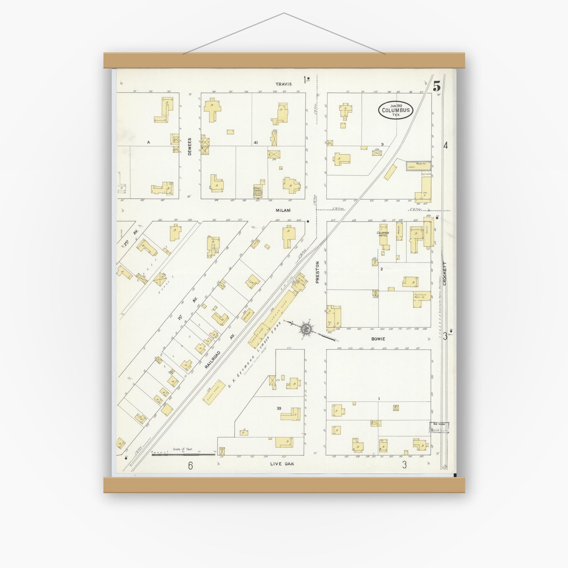 Old map wall art mockup — magnetic wood frame on white wall — Sanborn Fire Insurance Map from Columbus, Colorado County, Texas (1912), Sheet #0005