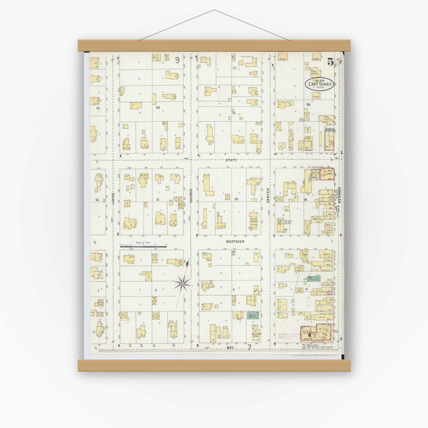 Old map wall art mockup — magnetic wood frame on white wall — Sanborn Fire Insurance Map from East Tawas, Iosco County, Michigan (1898), Sheet #0005
