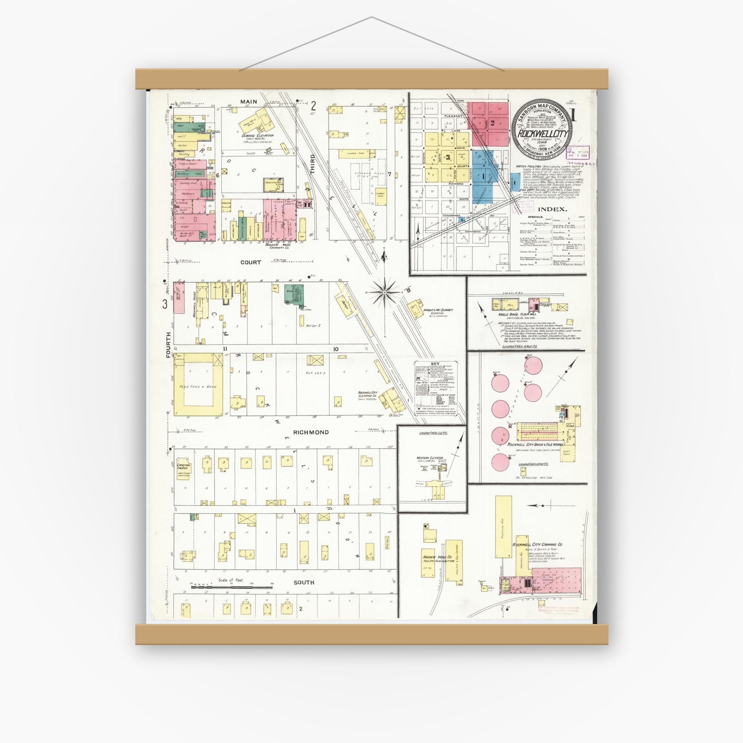 Old map wall art mockup — magnetic wood frame on white wall — Sanborn Fire Insurance Map from Rockwell City, Calhoun County, Iowa (1909), Sheet #0001