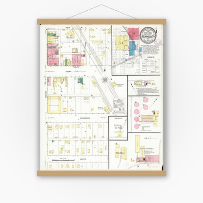 Old map wall art mockup — magnetic wood frame on white wall — Sanborn Fire Insurance Map from Rockwell City, Calhoun County, Iowa (1909), Sheet #0001