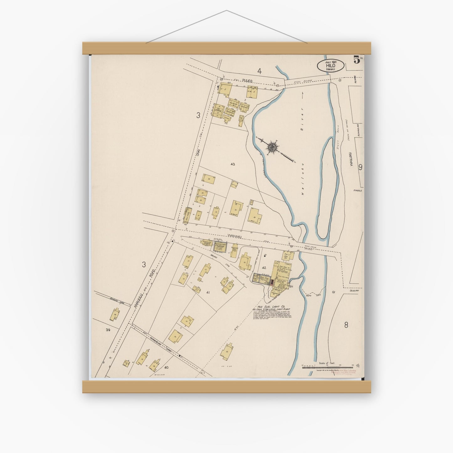Old map wall art mockup — magnetic wood frame on white wall — Sanborn Fire Insurance Map from Hilo, Hawaii County, Hawaii (1921), Sheet #0005