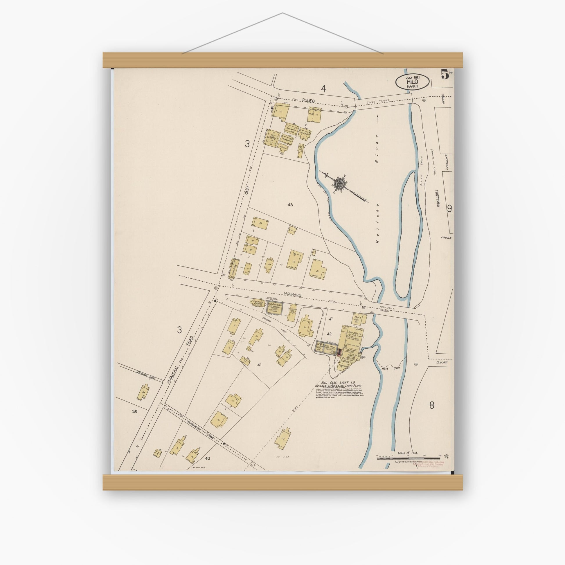 Old map wall art mockup — magnetic wood frame on white wall — Sanborn Fire Insurance Map from Hilo, Hawaii County, Hawaii (1921), Sheet #0005