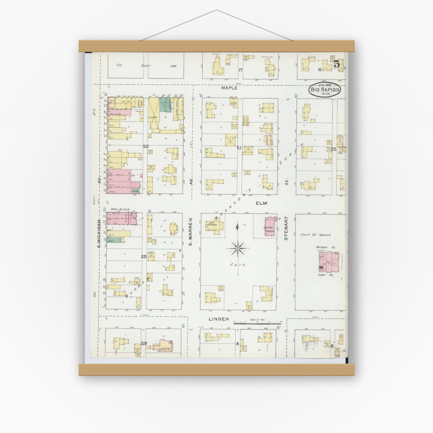 Old map wall art mockup — magnetic wood frame on white wall — Sanborn Fire Insurance Map from Big Rapids, Mecosta County, Michigan (1892), Sheet #0005