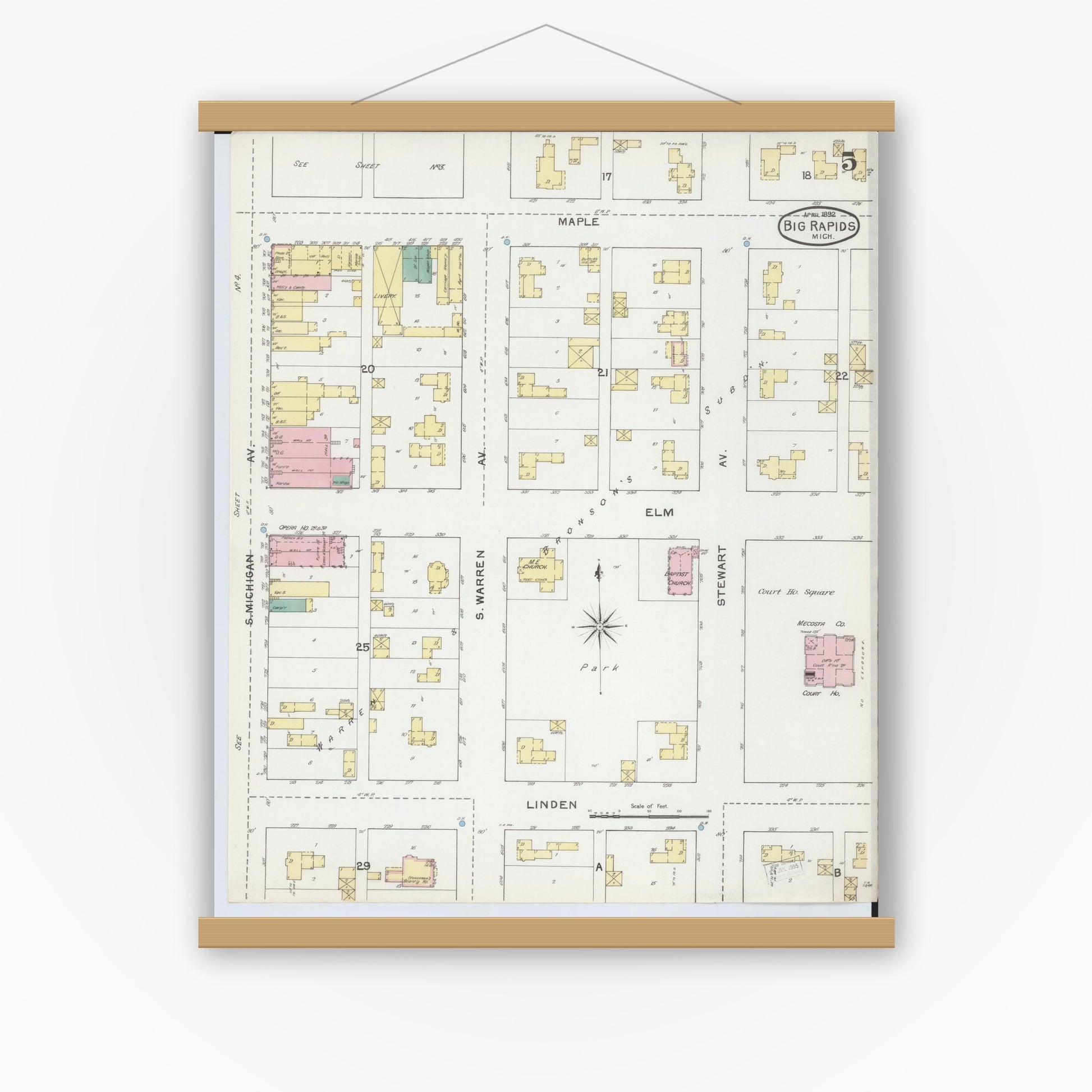 Old map wall art mockup — magnetic wood frame on white wall — Sanborn Fire Insurance Map from Big Rapids, Mecosta County, Michigan (1892), Sheet #0005
