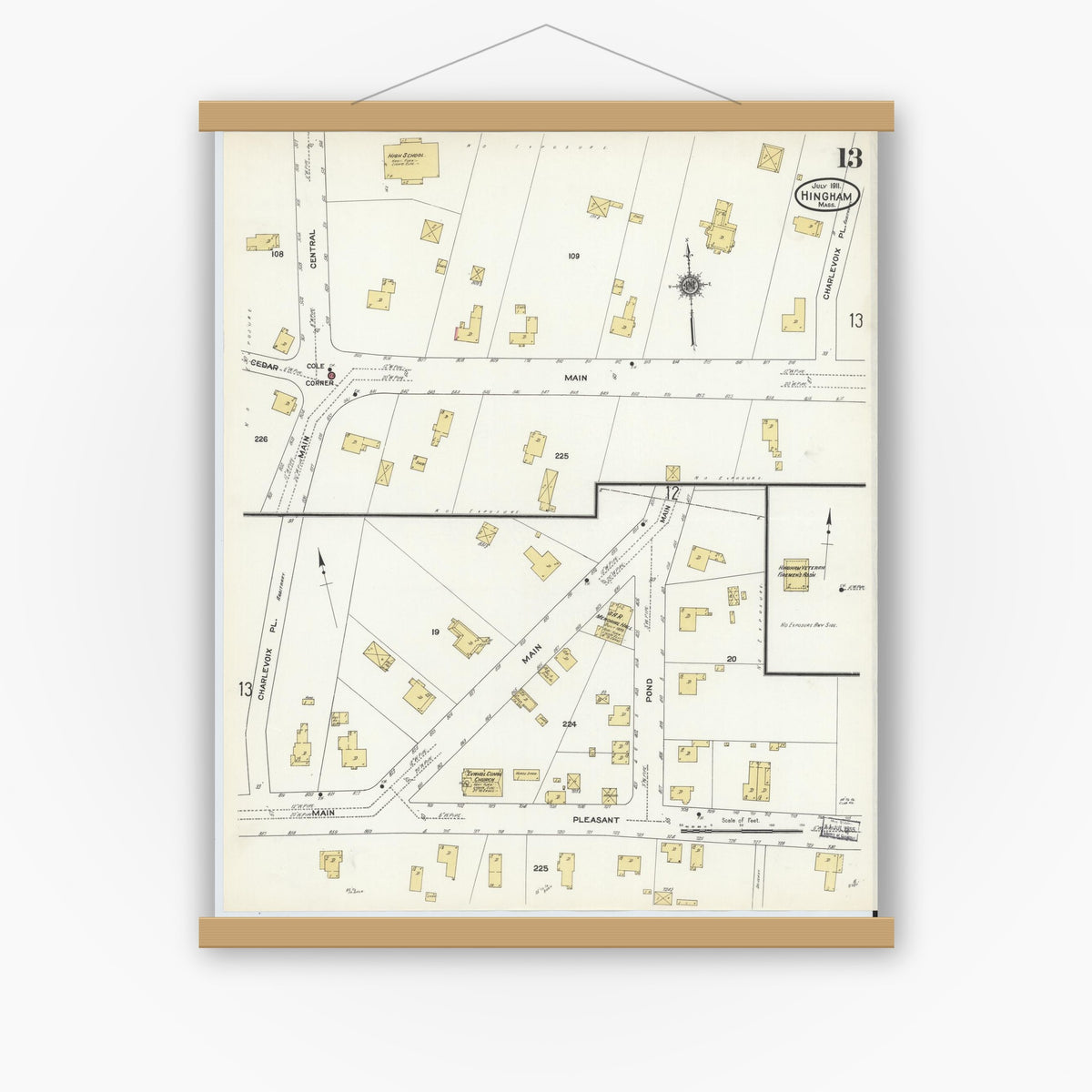 Old map wall art mockup — magnetic wood frame on white wall — Sanborn Fire Insurance Map from Hingham, Plymouth County, Massachusetts (1911), Sheet #0013
