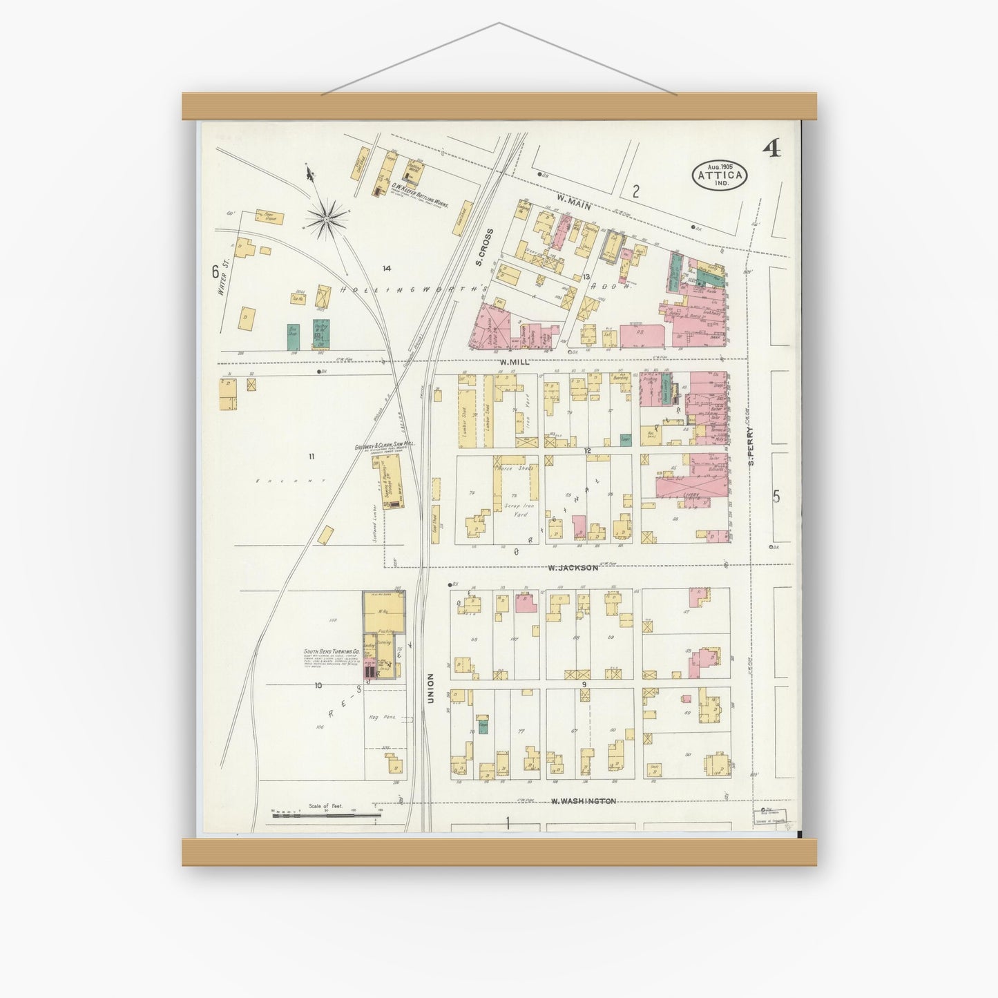Old map wall art mockup — magnetic wood frame on white wall — Sanborn Fire Insurance Map from Attica, Fountain County, Indiana (1905), Sheet #0004