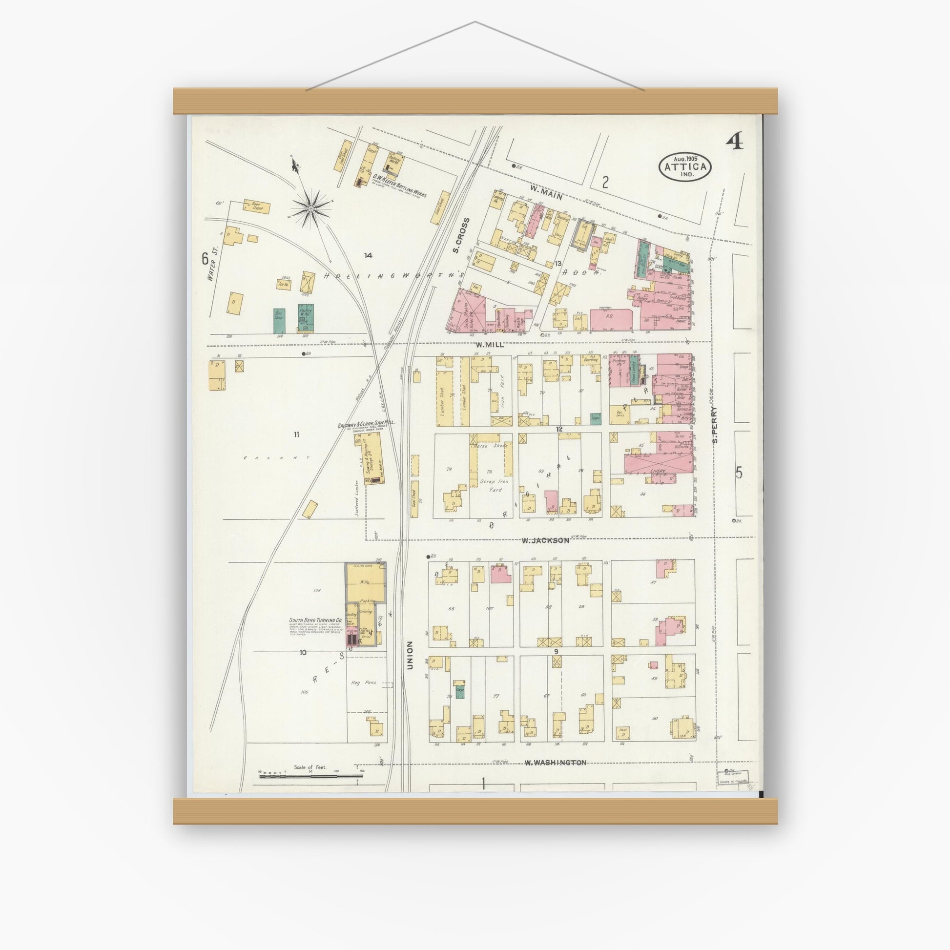 Old map wall art mockup — magnetic wood frame on white wall — Sanborn Fire Insurance Map from Attica, Fountain County, Indiana (1905), Sheet #0004