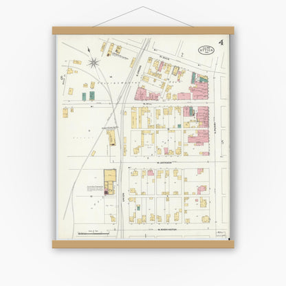 Old map wall art mockup — magnetic wood frame on white wall — Sanborn Fire Insurance Map from Attica, Fountain County, Indiana (1905), Sheet #0004