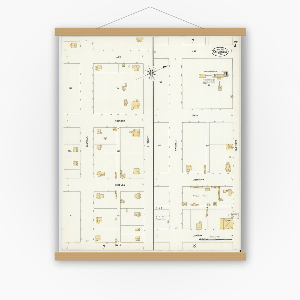 Old map wall art mockup — magnetic wood frame on white wall — Sanborn Fire Insurance Map from Childress, Childress County, Texas (1907), Sheet #0007