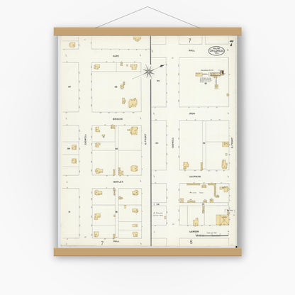 Old map wall art mockup — magnetic wood frame on white wall — Sanborn Fire Insurance Map from Childress, Childress County, Texas (1907), Sheet #0007