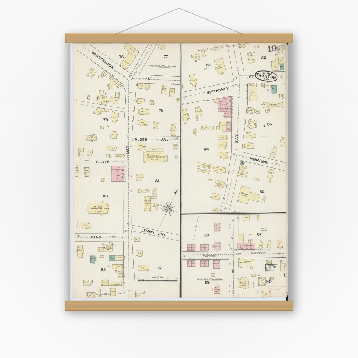 Old map wall art mockup — magnetic wood frame on white wall — Sanborn Fire Insurance Map from Taunton, Bristol County, Massachusetts (1888), Sheet #0019