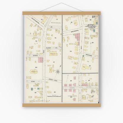 Old map wall art mockup — magnetic wood frame on white wall — Sanborn Fire Insurance Map from Taunton, Bristol County, Massachusetts (1888), Sheet #0019