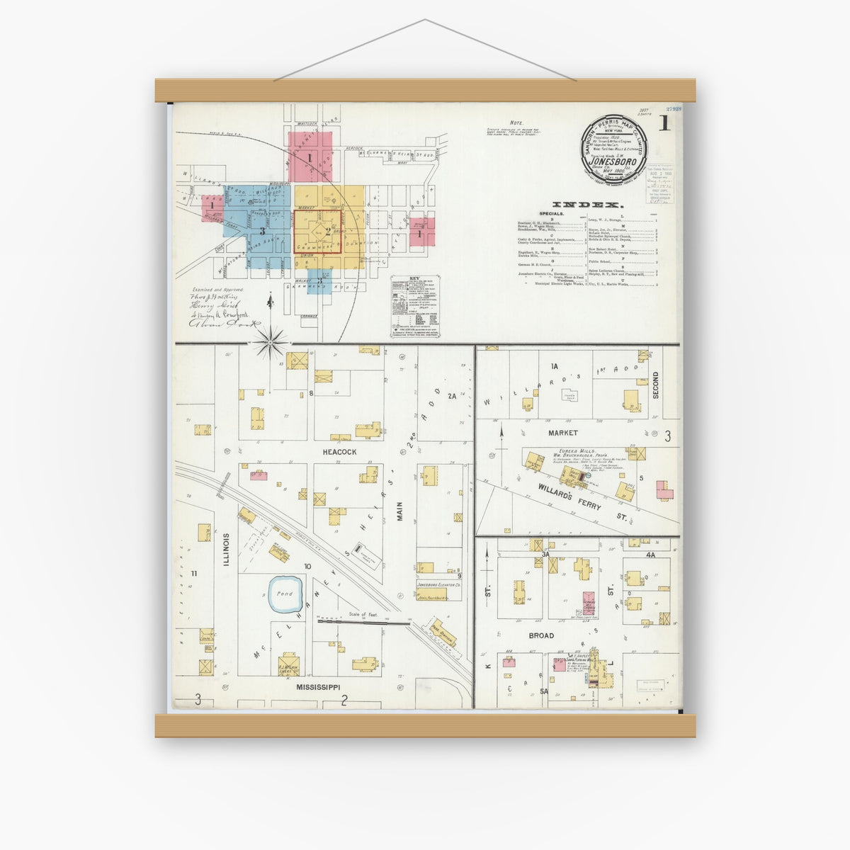 Old map wall art mockup — magnetic wood frame on white wall — Sanborn Fire Insurance Map from Jonesboro, Union County, Illinois (1900) - Complete Map Set