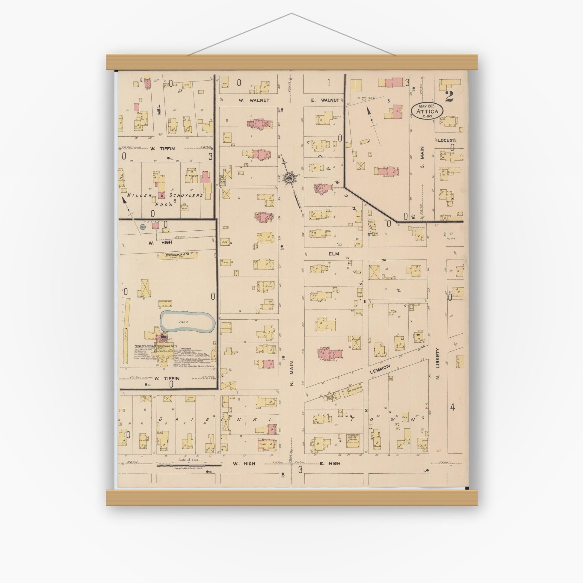 Old map wall art mockup — magnetic wood frame on white wall — Sanborn Fire Insurance Map from Attica, Seneca County, Ohio (1922), Sheet #0002