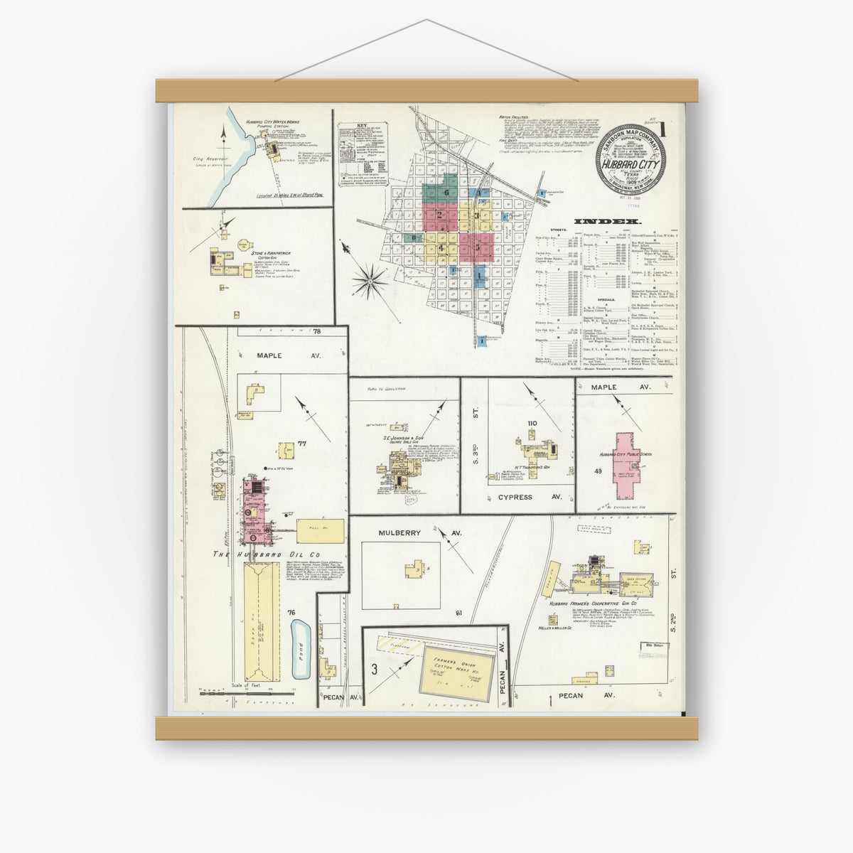 Old map wall art mockup — magnetic wood frame on white wall — Sanborn Fire Insurance Map from Hubbard, Hill County, Texas (1909) - Complete Map Set