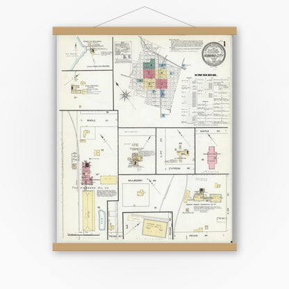 Old map wall art mockup — magnetic wood frame on white wall — Sanborn Fire Insurance Map from Hubbard, Hill County, Texas (1909) - Complete Map Set