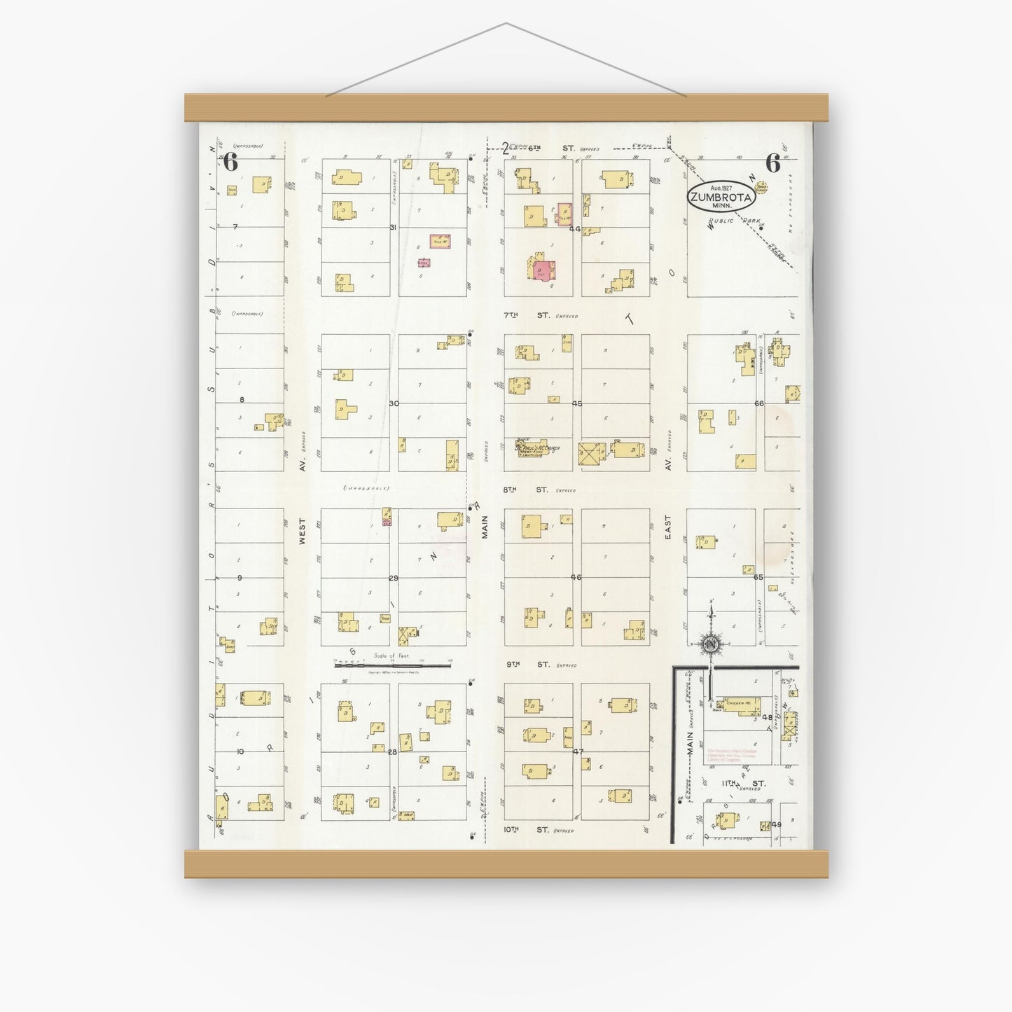 Old map wall art mockup — magnetic wood frame on white wall — Sanborn Fire Insurance Map from Zumbrota, Goodhue County, Minnesota (1927), Sheet #0006