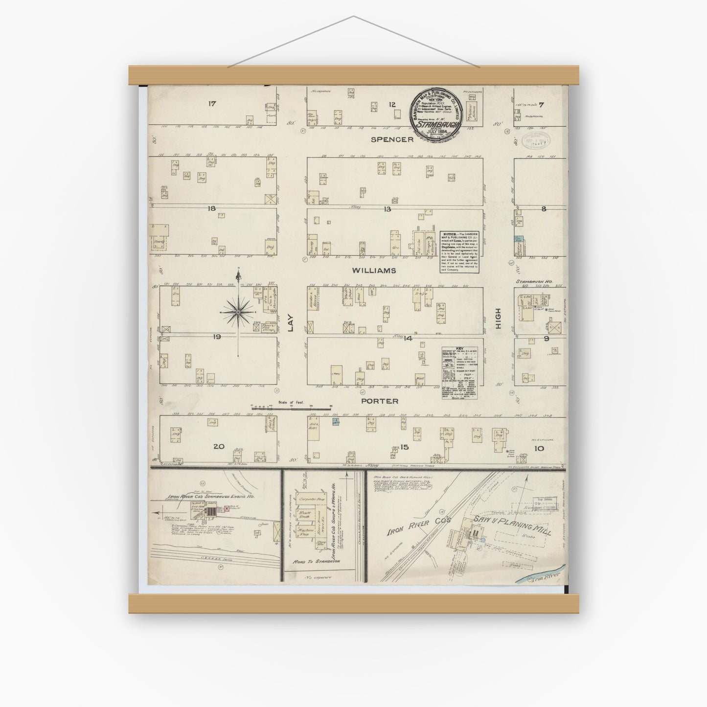 Old map wall art mockup — magnetic wood frame on white wall — Sanborn Fire Insurance Map from Stambaugh, Iron County, Michigan (1884), Sheet #0001