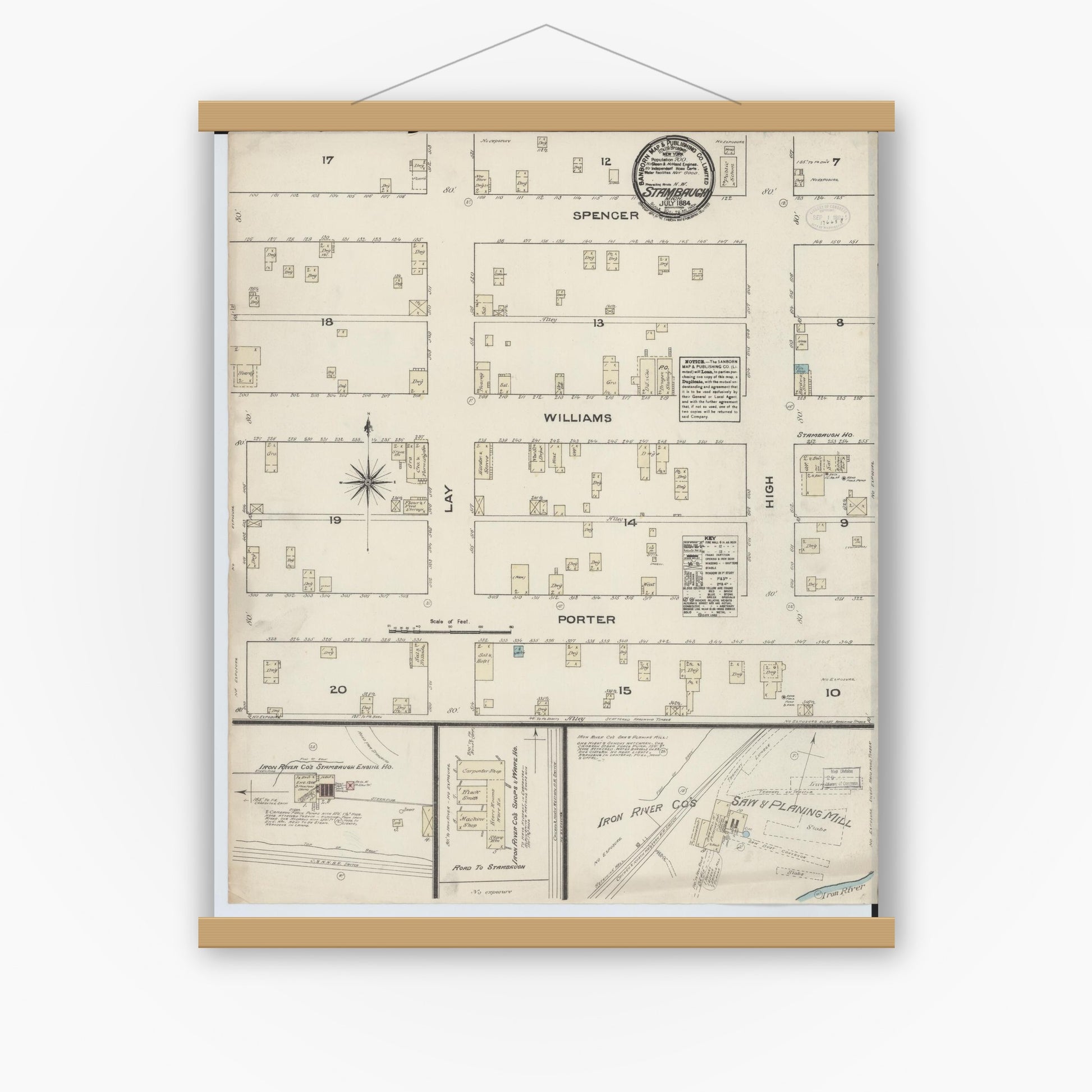 Old map wall art mockup — magnetic wood frame on white wall — Sanborn Fire Insurance Map from Stambaugh, Iron County, Michigan (1884), Sheet #0001