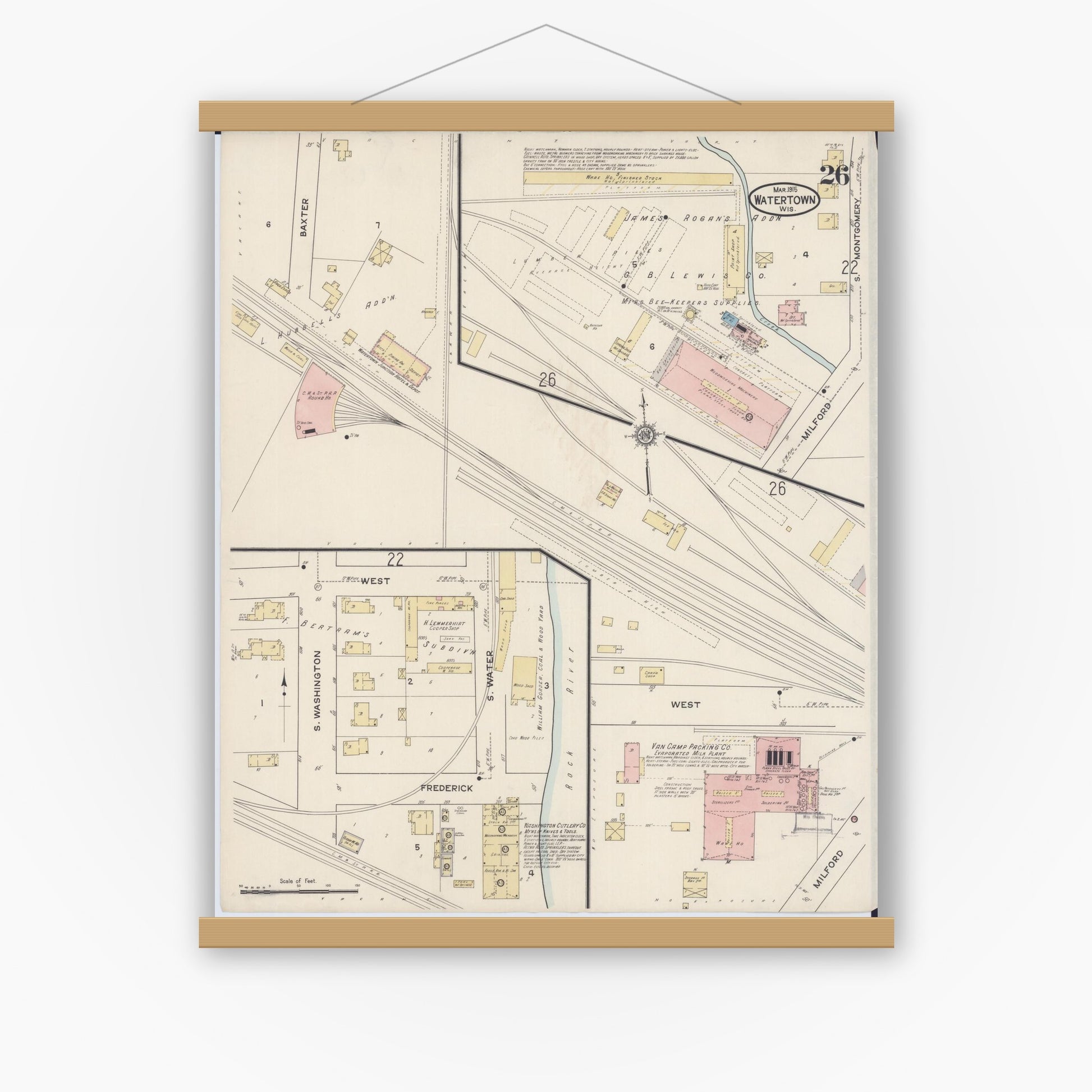 Old map wall art mockup — magnetic wood frame on white wall — Sanborn Fire Insurance Map from Watertown, Jefferson County, Wisconsin (1915), Sheet #0027