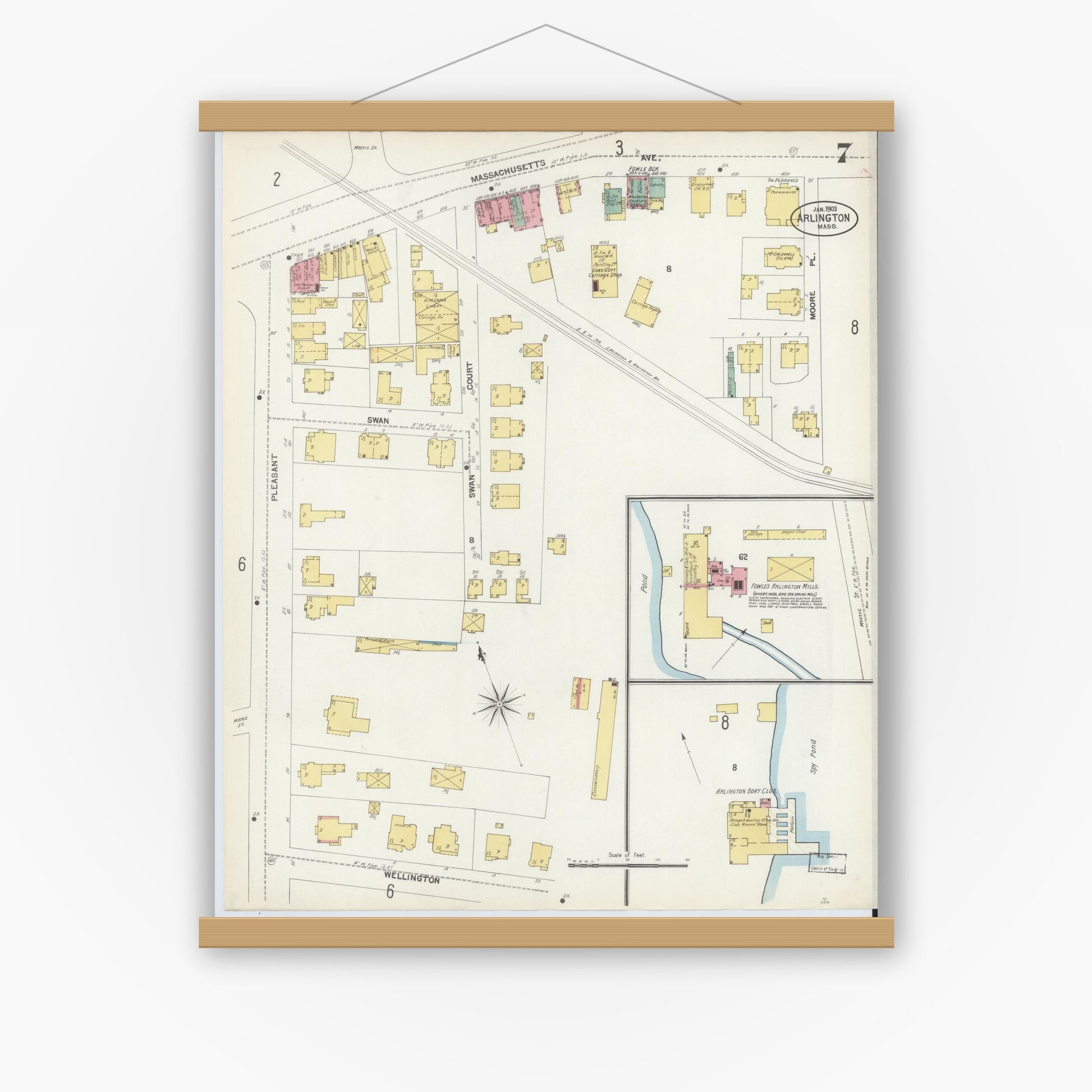 Old map wall art mockup — magnetic wood frame on white wall — Sanborn Fire Insurance Map from Arlington, Middlesex County, Massachusetts (1903), Sheet #0007