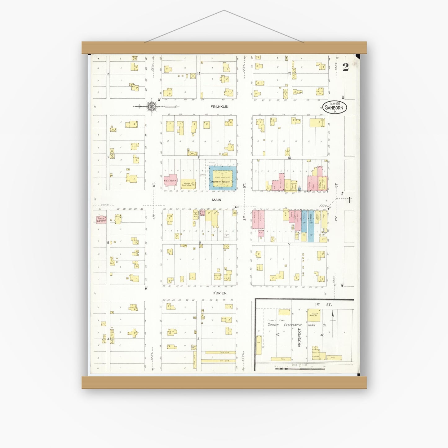 Old map wall art mockup — magnetic wood frame on white wall — Sanborn Fire Insurance Map from Sanborn, O'Brien County, Iowa (1916), Sheet #0002