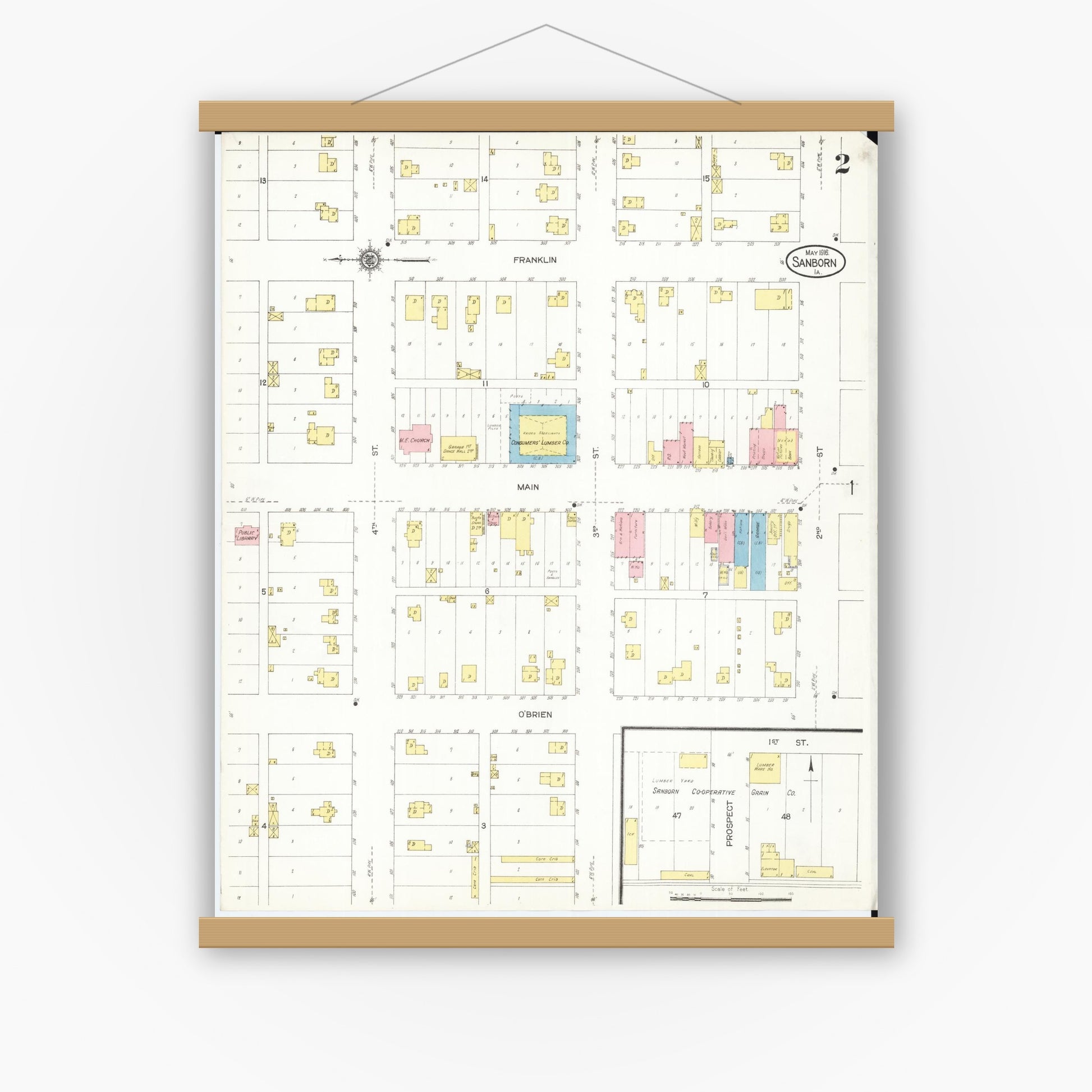 Old map wall art mockup — magnetic wood frame on white wall — Sanborn Fire Insurance Map from Sanborn, O'Brien County, Iowa (1916), Sheet #0002