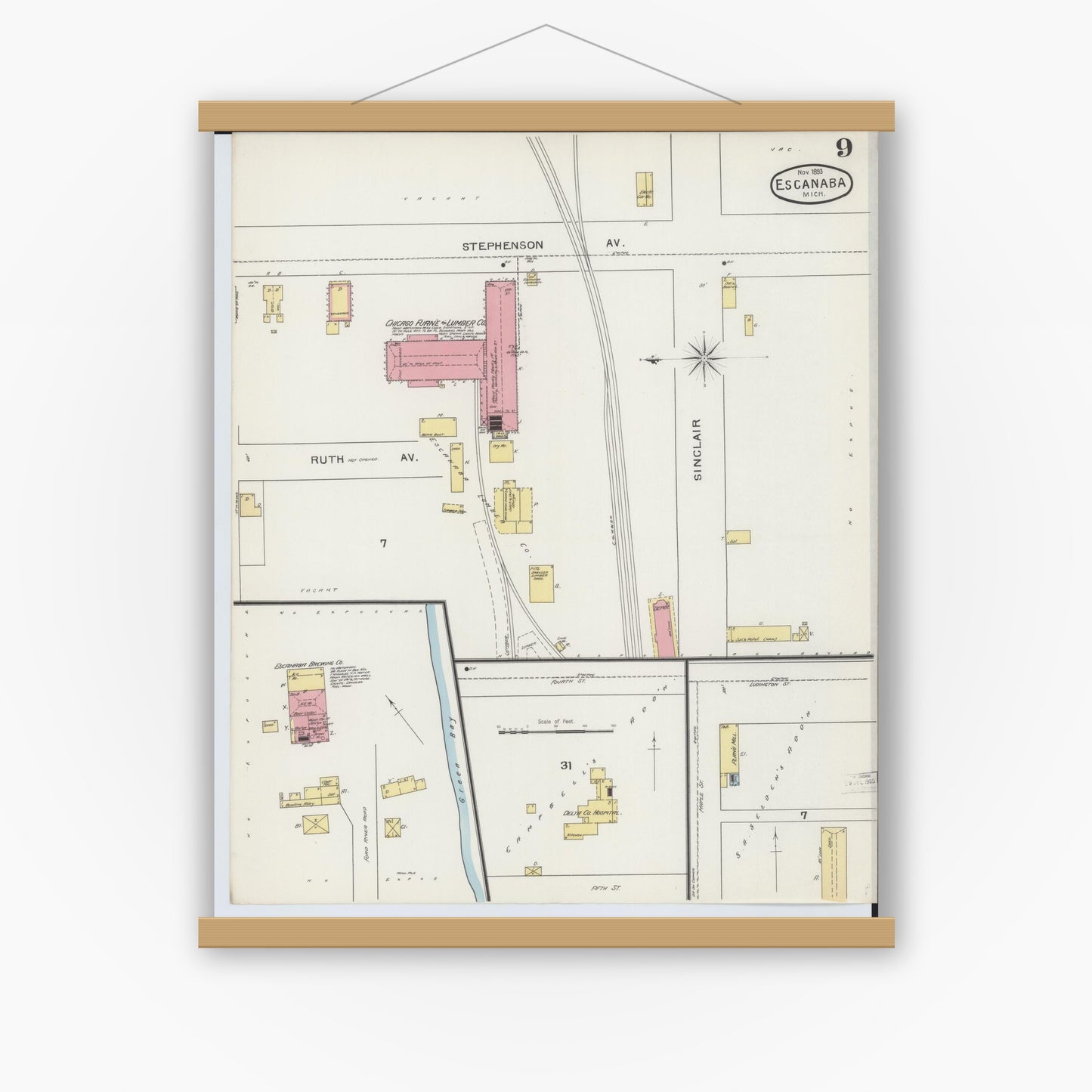 Old map wall art mockup — magnetic wood frame on white wall — Sanborn Fire Insurance Map from Escanaba, Delta County, Michigan (1893), Sheet #0009
