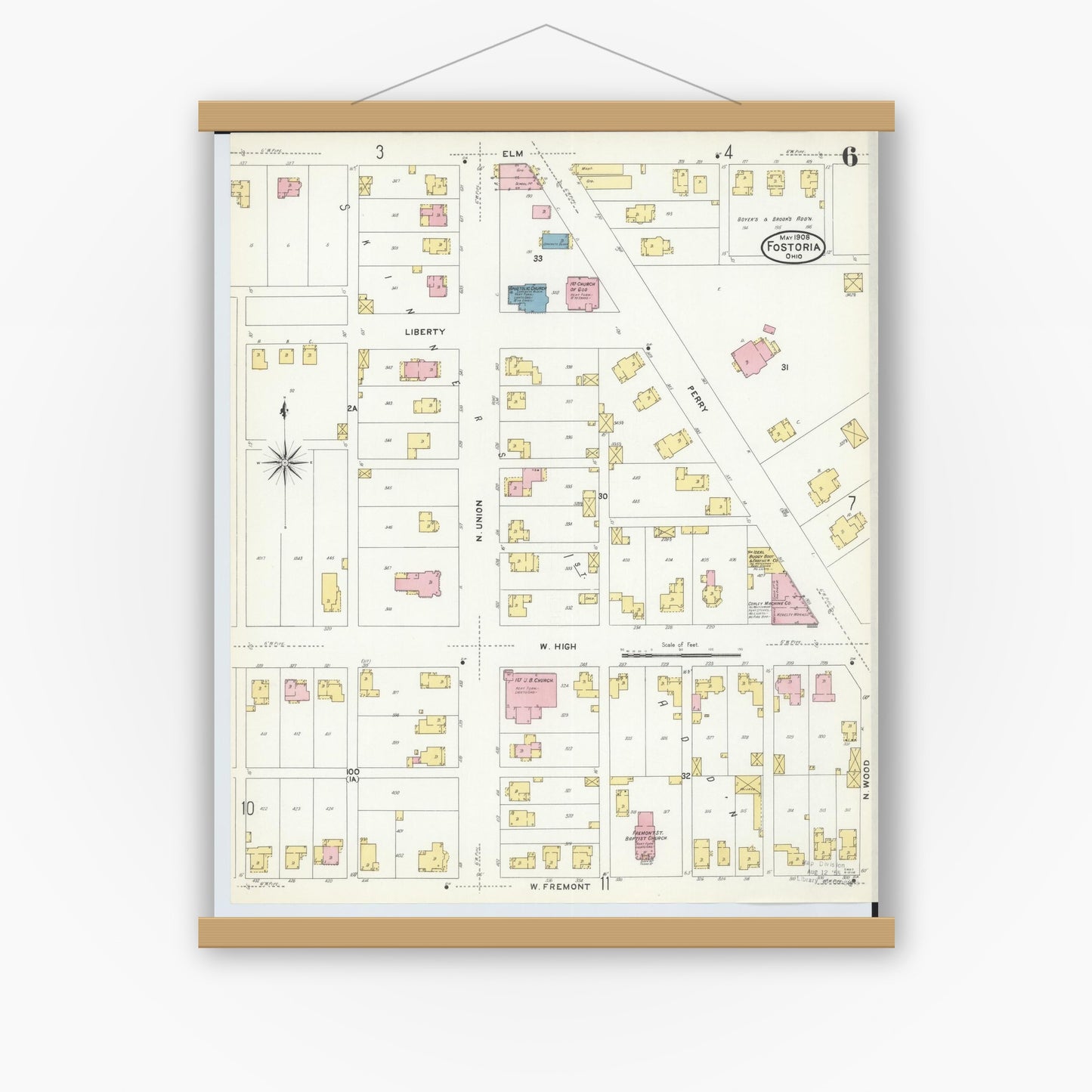 Old map wall art mockup — magnetic wood frame on white wall — Sanborn Fire Insurance Map from Fostoria, Seneca, Hancock, And Wood Counties, Ohio (1908), Sheet #0006