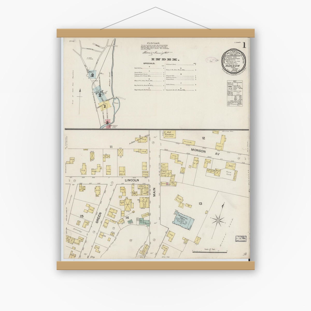 Old map wall art mockup — magnetic wood frame on white wall — Sanborn Fire Insurance Map from Monson, Hampden County, Massachusetts (1887) - Complete Map Set