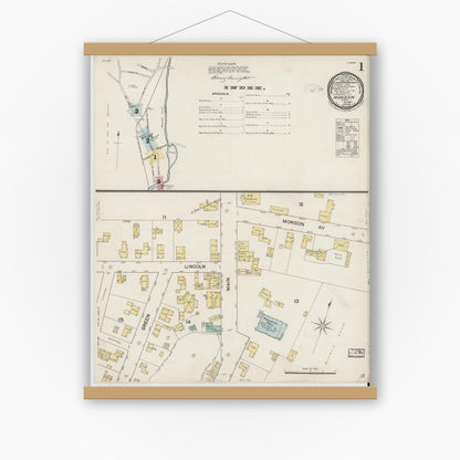 Old map wall art mockup — magnetic wood frame on white wall — Sanborn Fire Insurance Map from Monson, Hampden County, Massachusetts (1887) - Complete Map Set