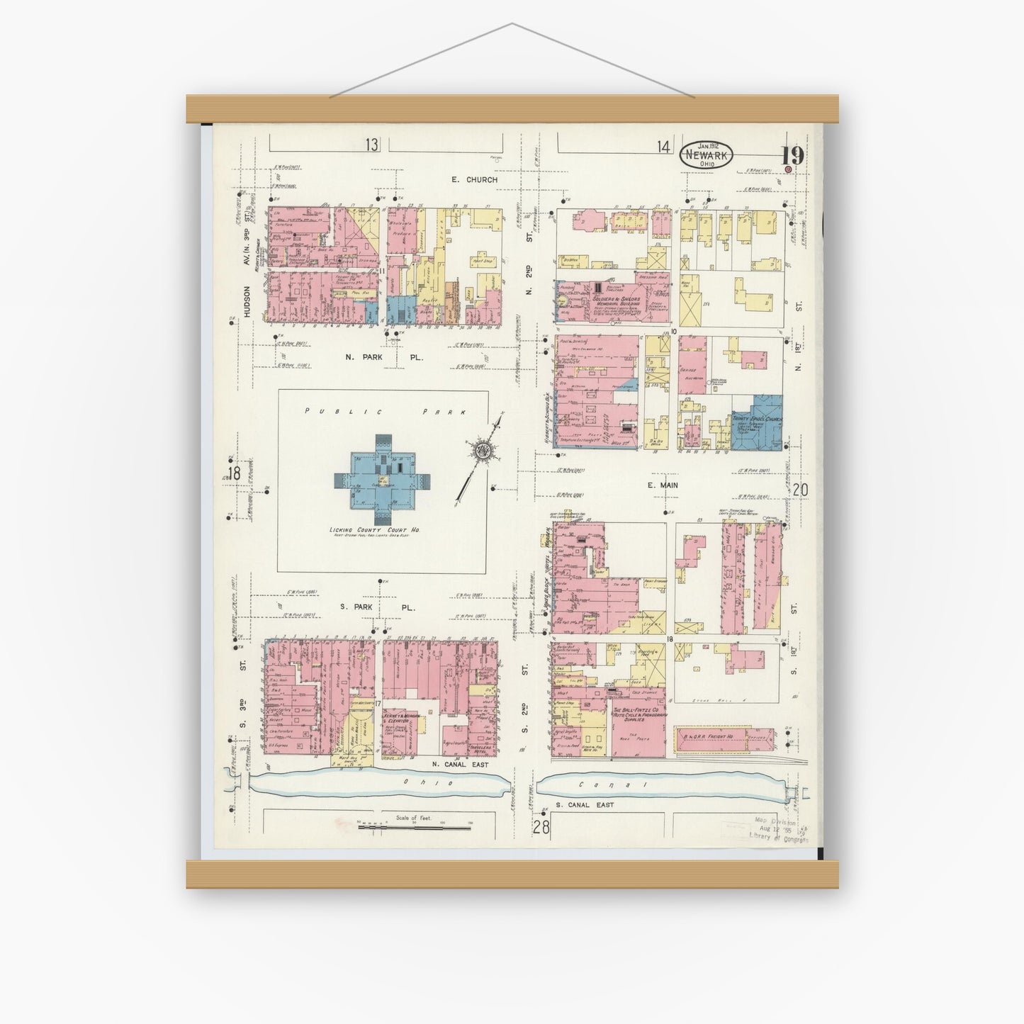 Old map wall art mockup — magnetic wood frame on white wall — Sanborn Fire Insurance Map from Newark, Licking County, Ohio (1912), Sheet #0019