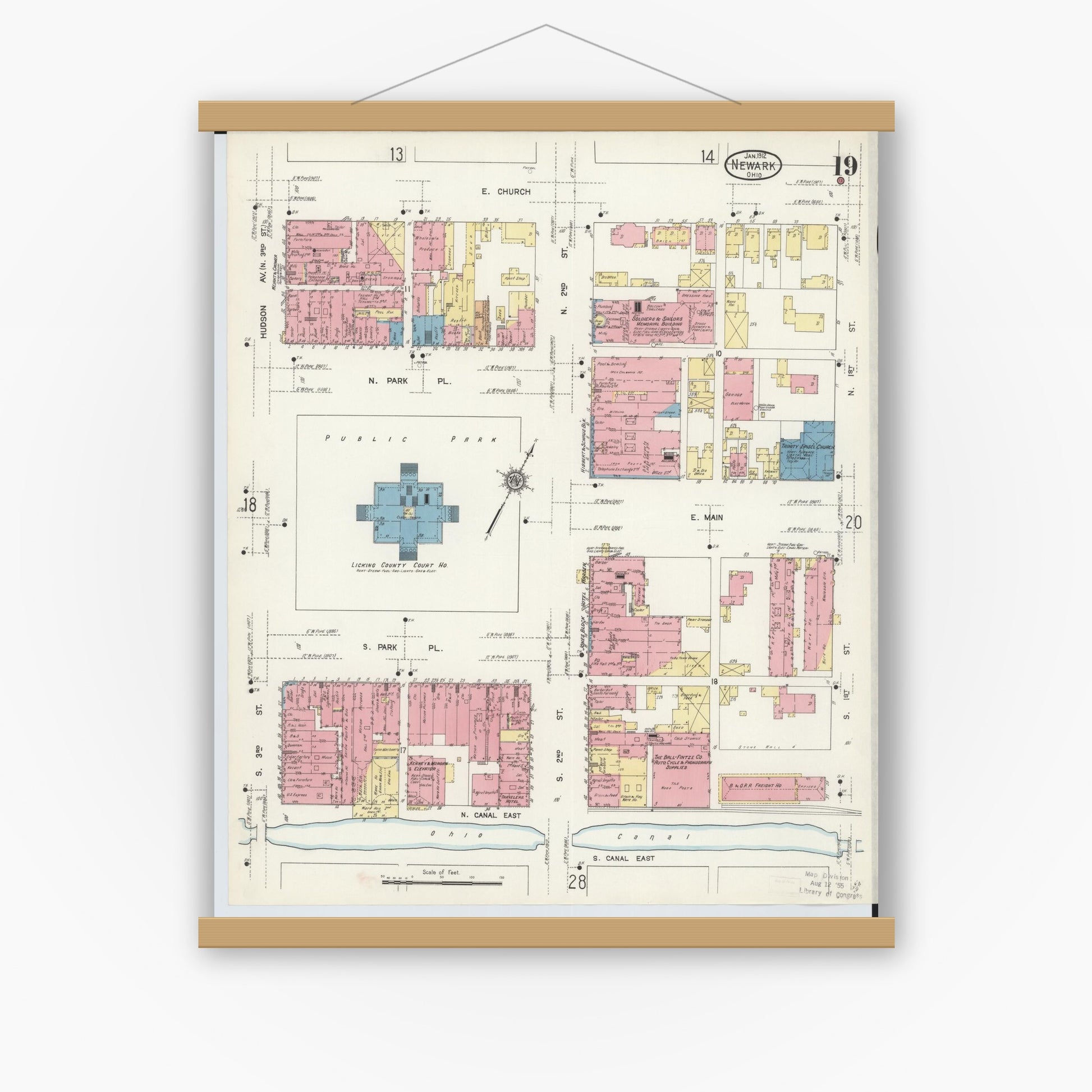 Old map wall art mockup — magnetic wood frame on white wall — Sanborn Fire Insurance Map from Newark, Licking County, Ohio (1912), Sheet #0019