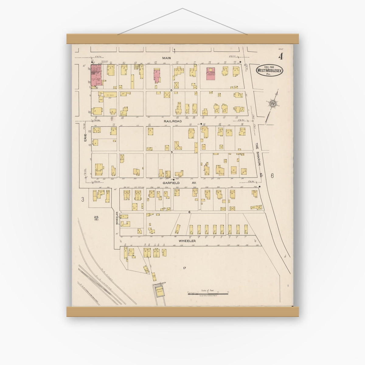 Old map wall art mockup — magnetic wood frame on white wall — Sanborn Fire Insurance Map from West Middlesex, Mercer County, Pennsylvania (1921), Sheet #0004
