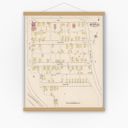 Old map wall art mockup — magnetic wood frame on white wall — Sanborn Fire Insurance Map from West Middlesex, Mercer County, Pennsylvania (1921), Sheet #0004