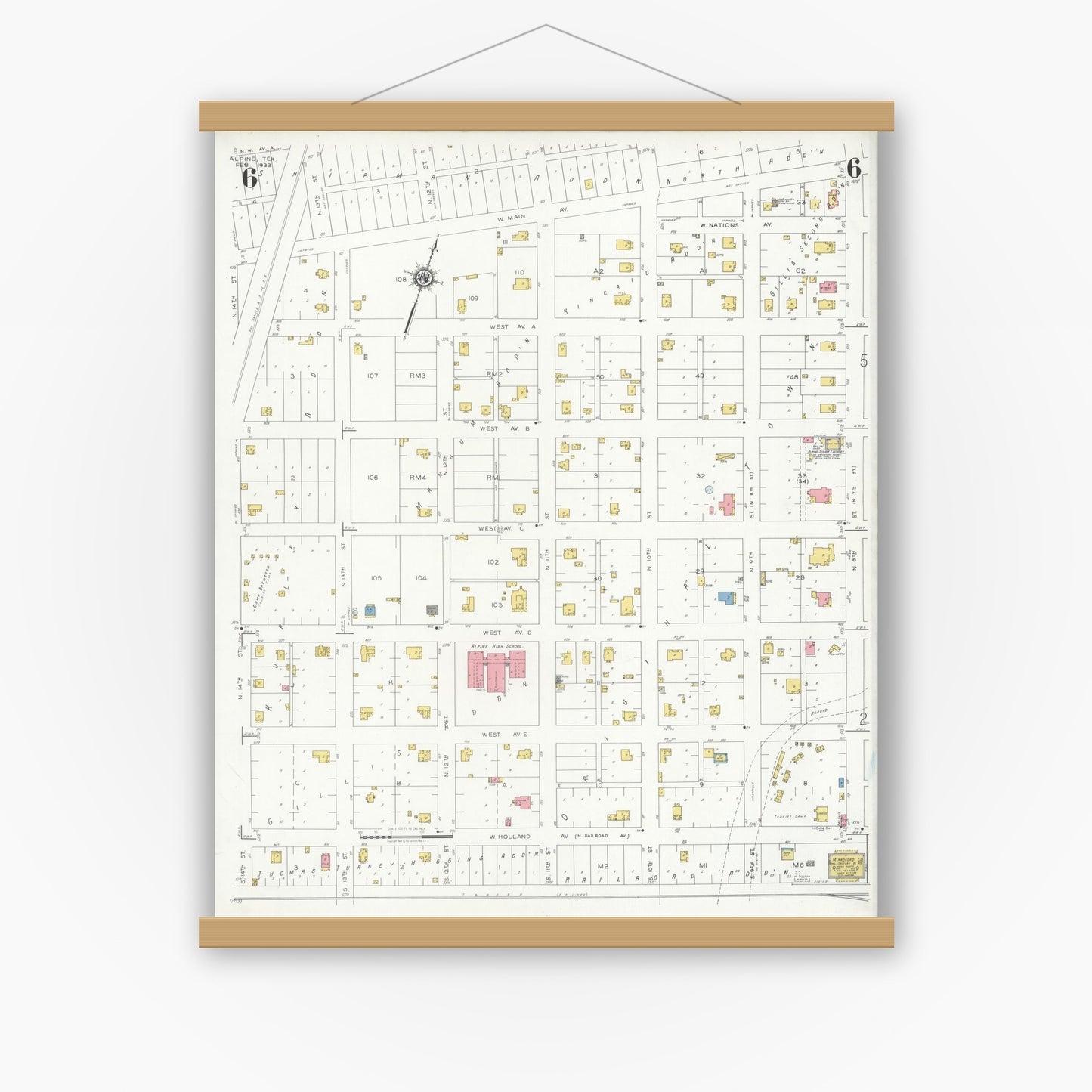 Old map wall art mockup — magnetic wood frame on white wall — Sanborn Fire Insurance Map from Alpine, Brewster County, Texas (1933), Sheet #0006