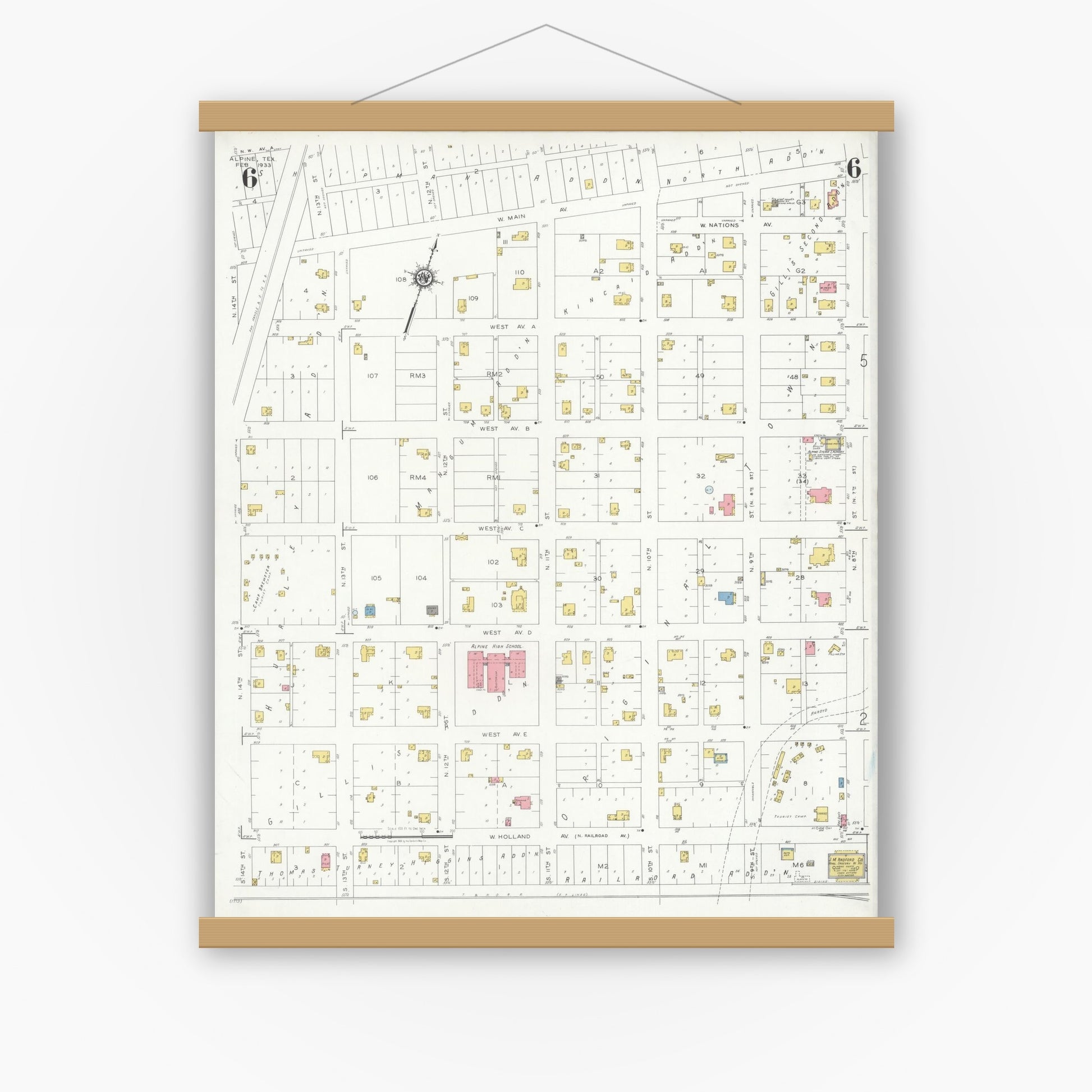 Old map wall art mockup — magnetic wood frame on white wall — Sanborn Fire Insurance Map from Alpine, Brewster County, Texas (1933), Sheet #0006