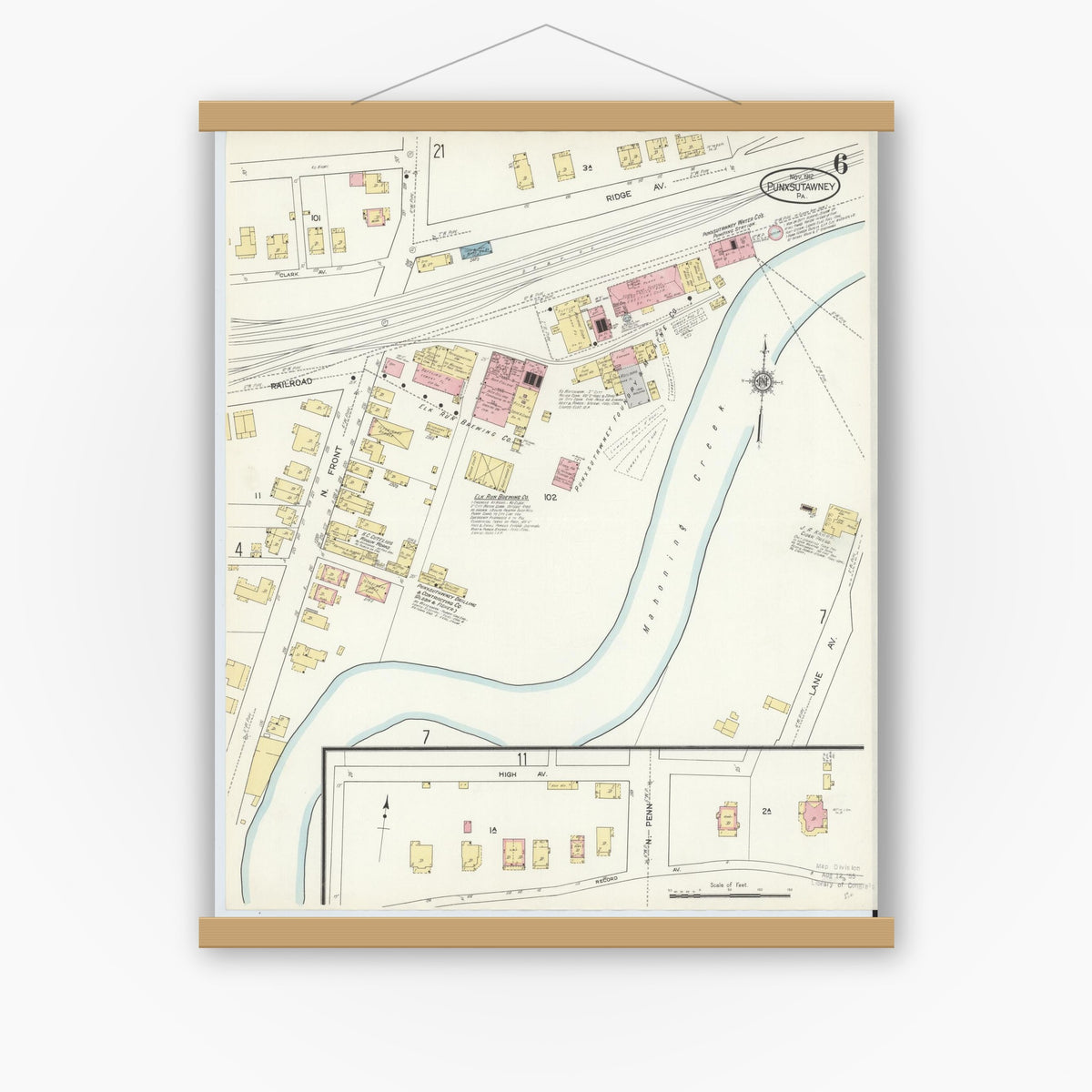 Old map wall art mockup — magnetic wood frame on white wall — Sanborn Fire Insurance Map from Punxsutawney, Jefferson County, Pennsylvania (1912), Sheet #0006