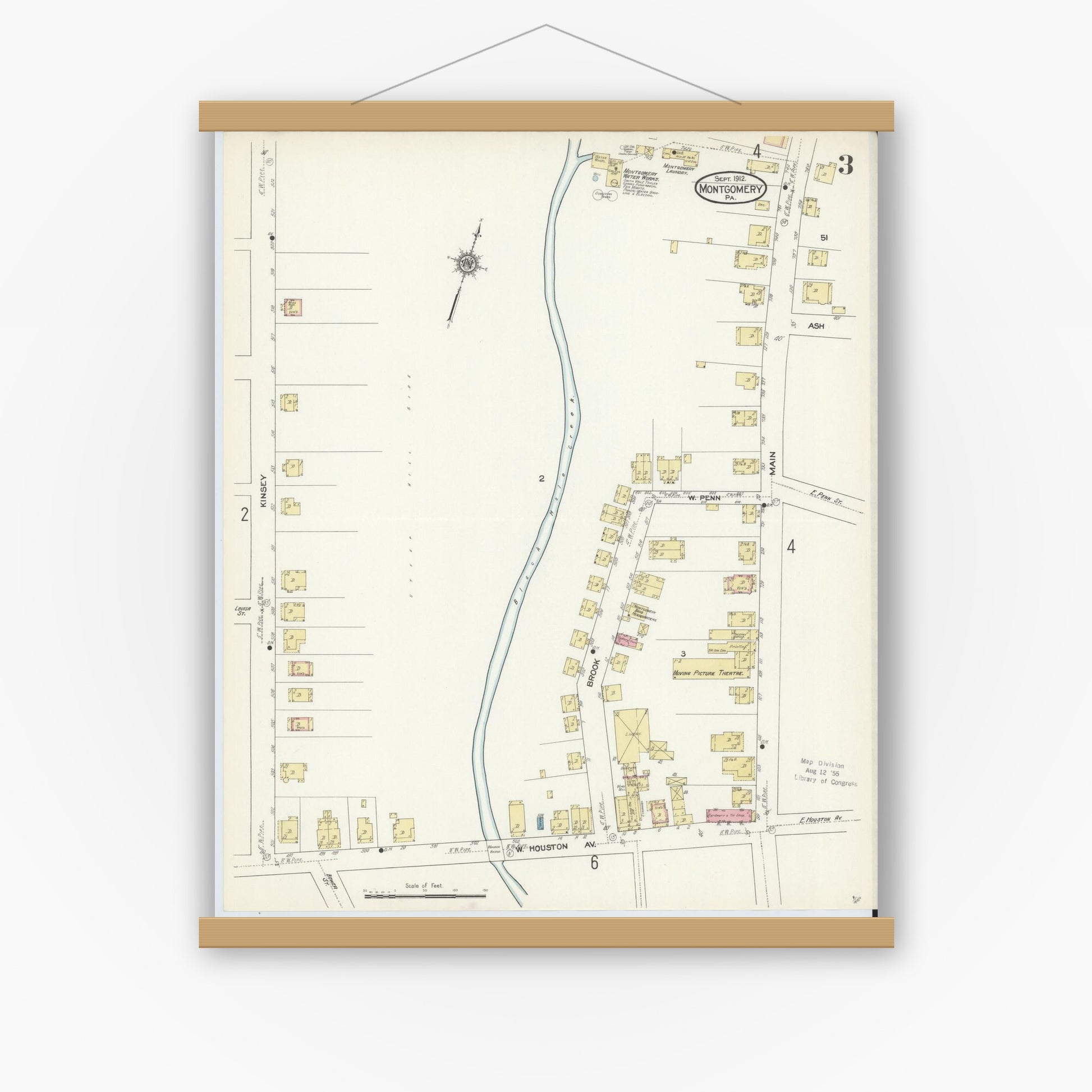 Old map wall art mockup — magnetic wood frame on white wall — Sanborn Fire Insurance Map from Montgomery, Lycoming County, Pennsylvania (1912), Sheet #0003
