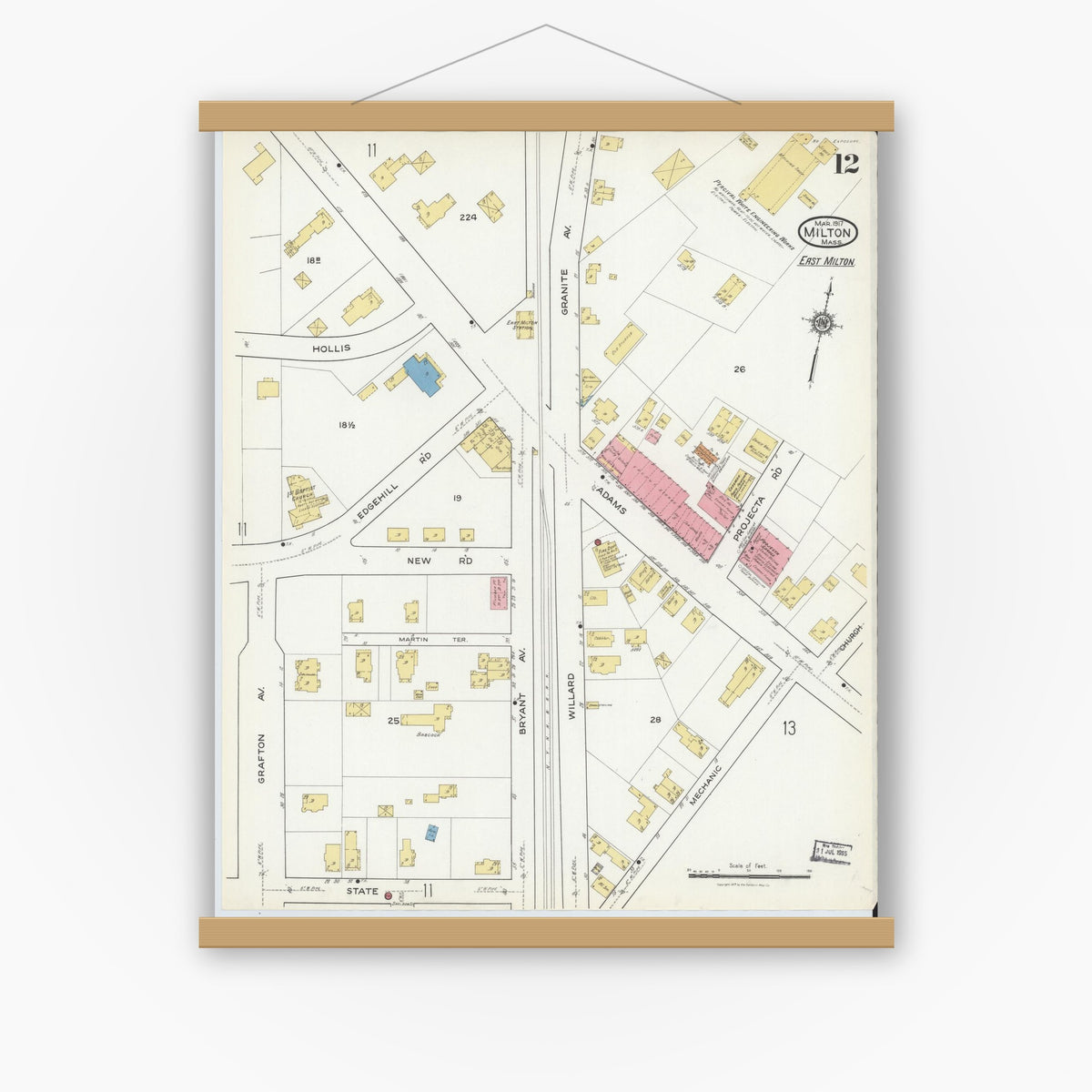 Old map wall art mockup — magnetic wood frame on white wall — Sanborn Fire Insurance Map from Milton, Norfolk County, Massachusetts (1917), Sheet #0012