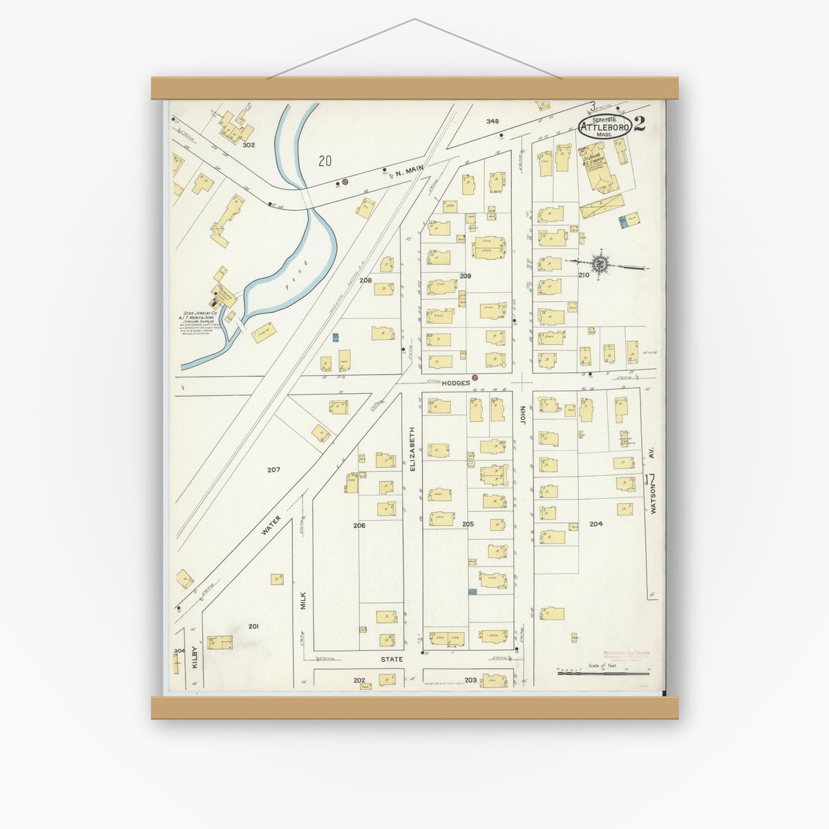 Old map wall art mockup — magnetic wood frame on white wall — Sanborn Fire Insurance Map from Attleboro, Bristol County, Massachusetts (1916) - Complete Map Set